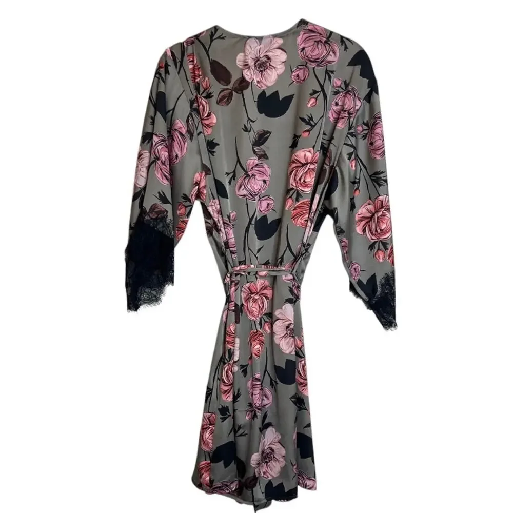 Midnight Bakery Womens Floral Print Wrap Robe XS/S Gray Satin Short Lace Trim - Picture 4 of 7